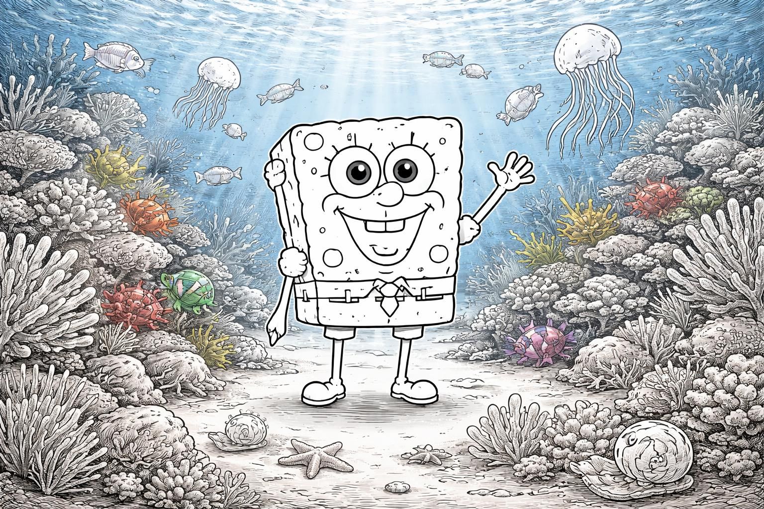 plongez dans un univers marin magique en coloriant bob l'éponge et ses amis sous l'eau. amusez-vous en découvrant des scènes sous-marines pleines de couleurs et de créativité.