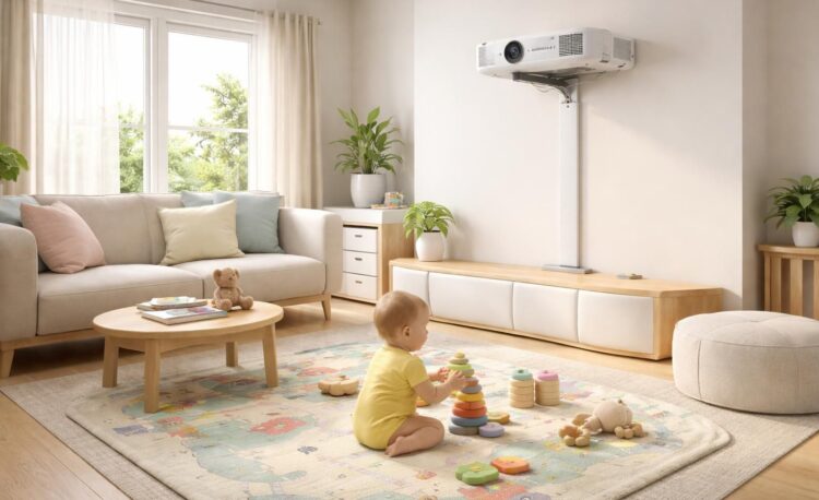 assurez la sécurité près de votre bébé avec une installation propre et sécurisée du vidéoprojecteur epson, adaptée à un environnement familial.
