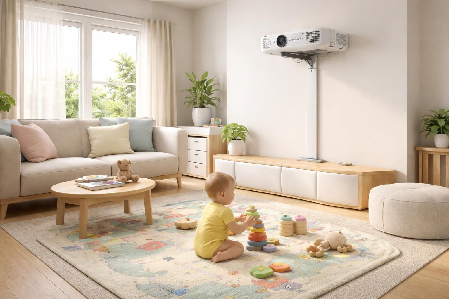 assurez la sécurité près de votre bébé avec une installation propre et sécurisée du vidéoprojecteur epson, adaptée à un environnement familial.