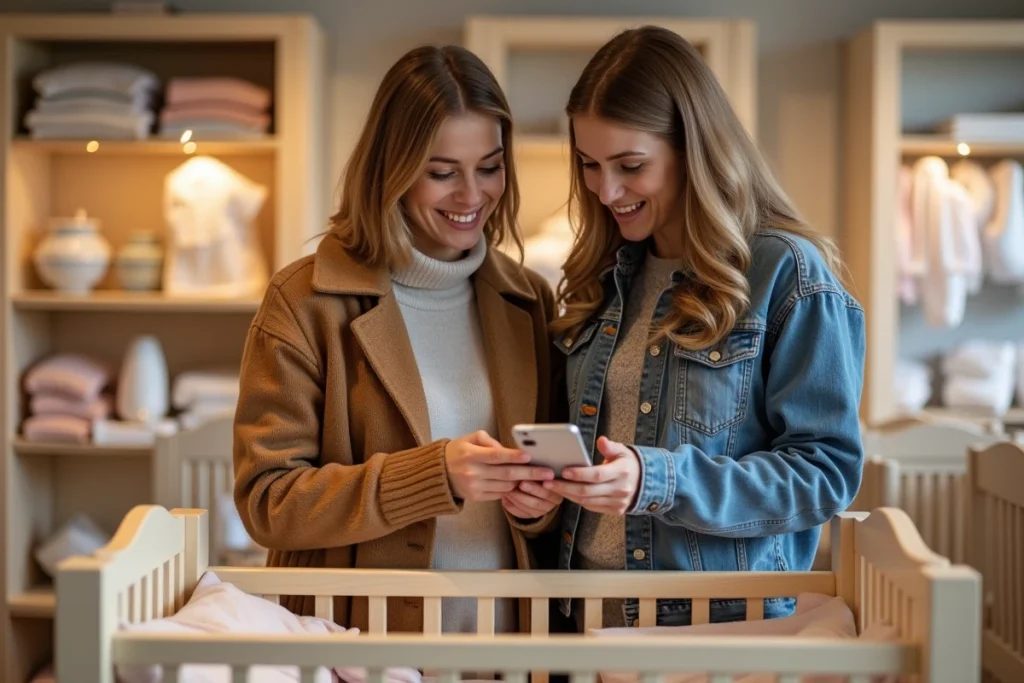 Couple comparant des articles pour leur liste de naissance dans une boutique de puériculture