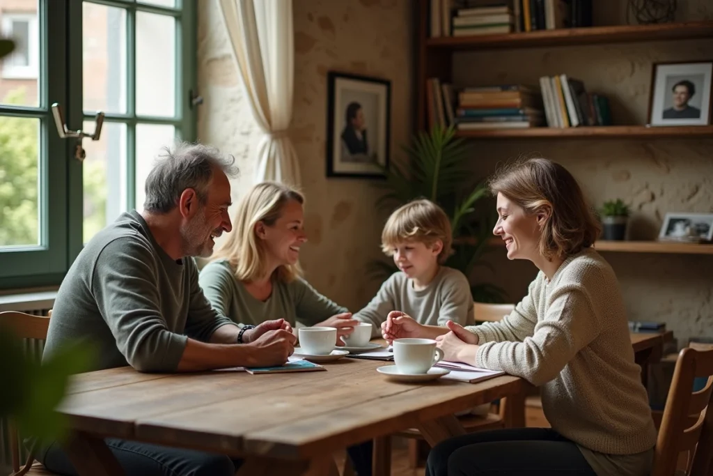 Portrait de famille dans un appartement parisien, évoquant l'intimité et la discrétion loin des projecteurs médiatiques