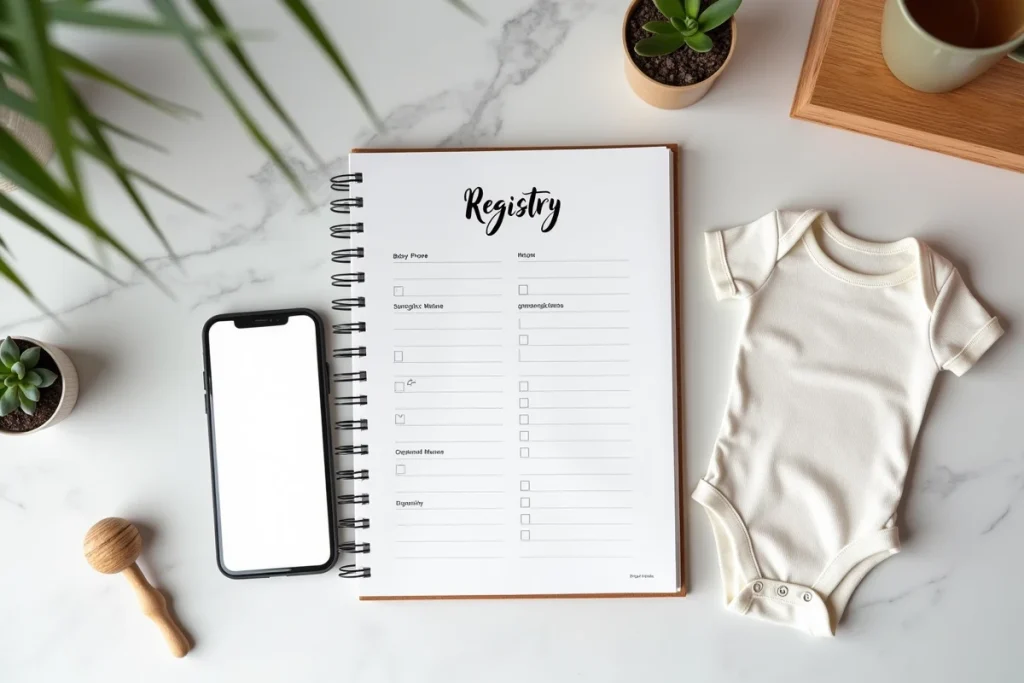 Flat lay d'une liste de naissance manuscrite avec des articles de puériculture et une application multi-boutiques