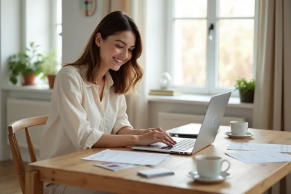 Jeune femme consultant une liste de naissance multi-boutiques sur ordinateur portable dans un appartement scandinave
