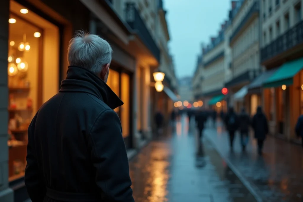 Silhouette d'un homme célèbre marchant seul sur les pavés parisiens sous la pluie, symbole de la discrétion entre vie publique et privée