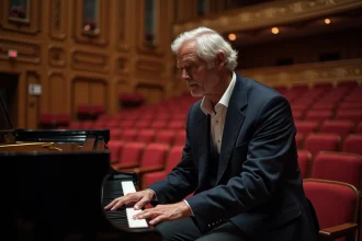Yvan Cassar, compositeur et chef d'orchestre, assis au piano dans une salle de concert vide, entre ombre et lumière médiatique