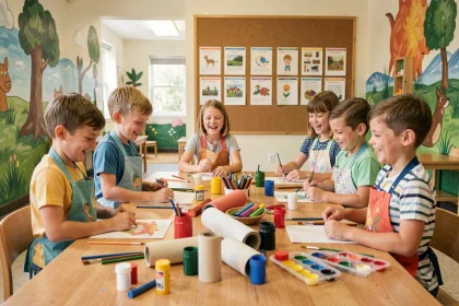 Enfants en activité manuelle dans un centre de loisirs autour d'une table couverte de matériaux créatifs colorés