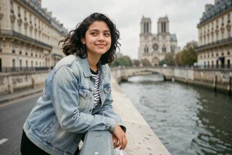 Adolescente souriante sur le Pont des Arts à Paris, regardant la Seine avec curiosité, architecture haussmannienne en arrière-plan flou