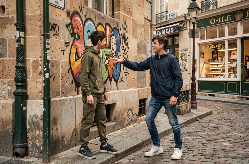 Deux adolescents découvrant un street art coloré dans une ruelle pavée du Marais à Paris, expression de curiosité et d'émerveillement