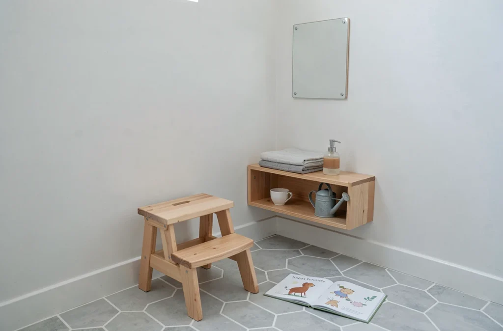 Coin salle de bain aménagé selon la méthode Montessori pour l'autonomie et l'apprentissage de la propreté du bébé