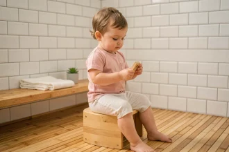 Tout-petit de 18 mois assis sur un petit pot en bois Montessori dans une salle de bain naturelle et épurée