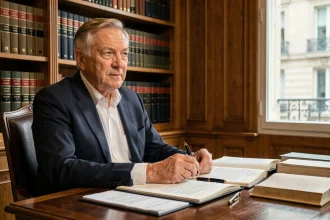 Avocat français d'âge mûr assis à son bureau dans un cabinet parisien classique, entouré de livres juridiques et de documents, exprimant une posture réfléchie et autoritaire