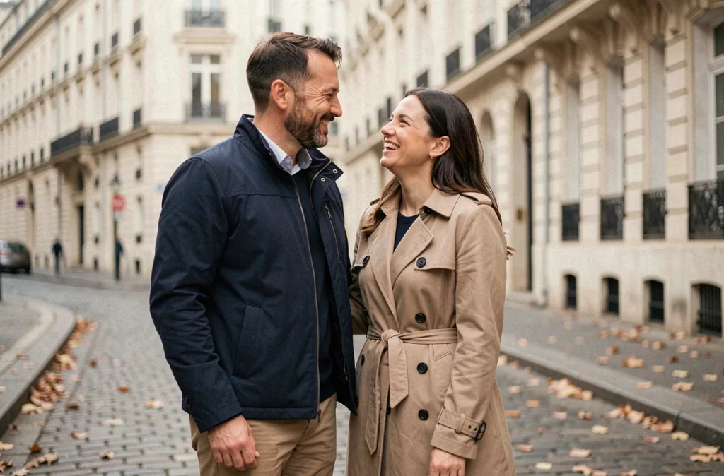 Couple complice se promenant dans les rues pavées de Paris à l'automne, évoquant la discrétion de la vie amoureuse de Booder