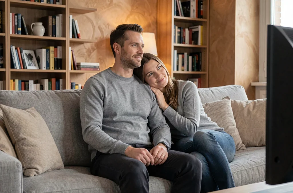 Couple détendu partageant un moment intime chez eux dans un salon moderne, symbolisant la vie privée et discrète de Booder en couple