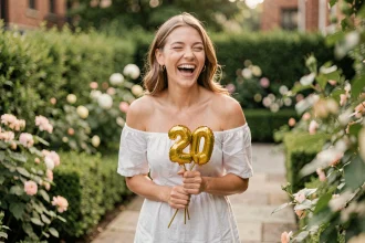 Jeune femme de 20 ans souriant avec des ballons dorés dans un jardin fleuri pour anniversaire Instagram