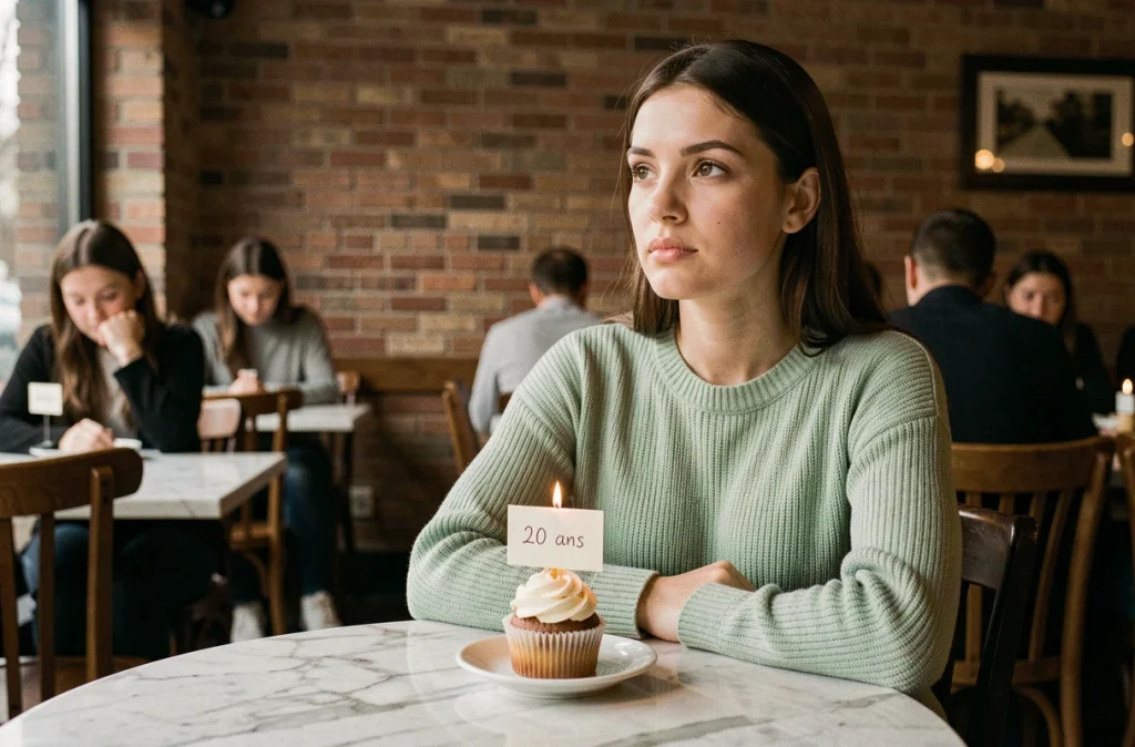 Jeune femme de 20 ans dans un café avec un cupcake d'anniversaire et un mot manuscrit pour post Instagram