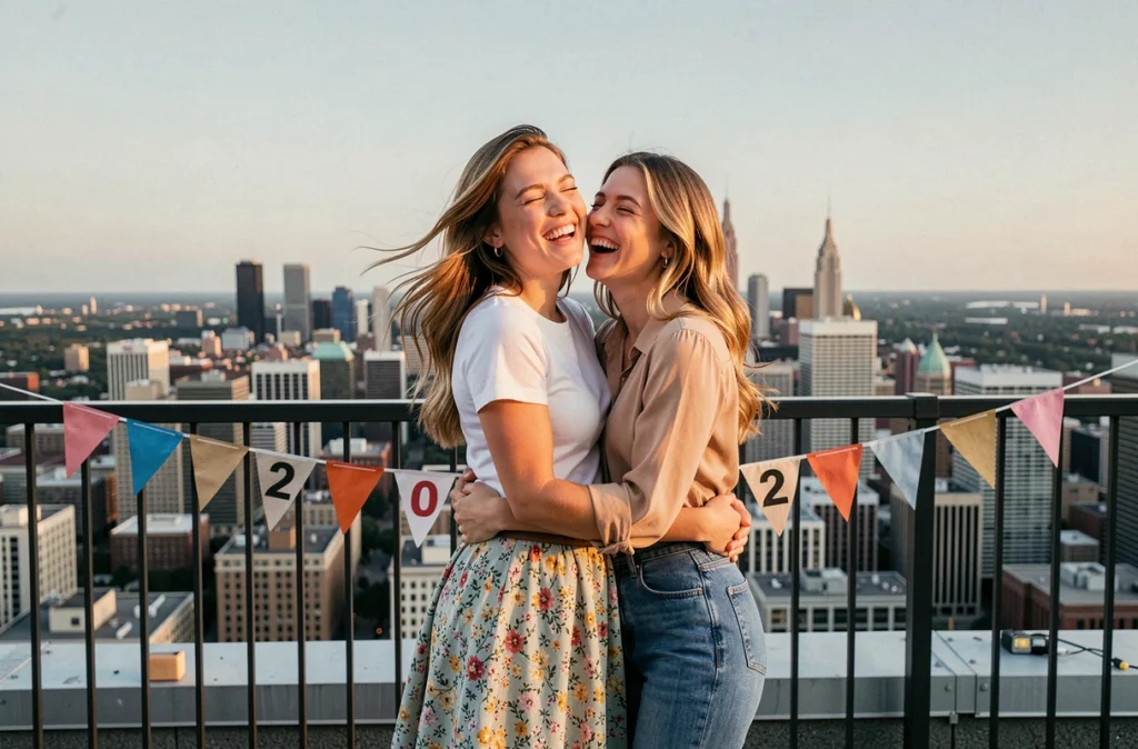 Deux amies de 20 ans fêtant un anniversaire sur un rooftop avec une bannière 20 ans et vue sur la ville