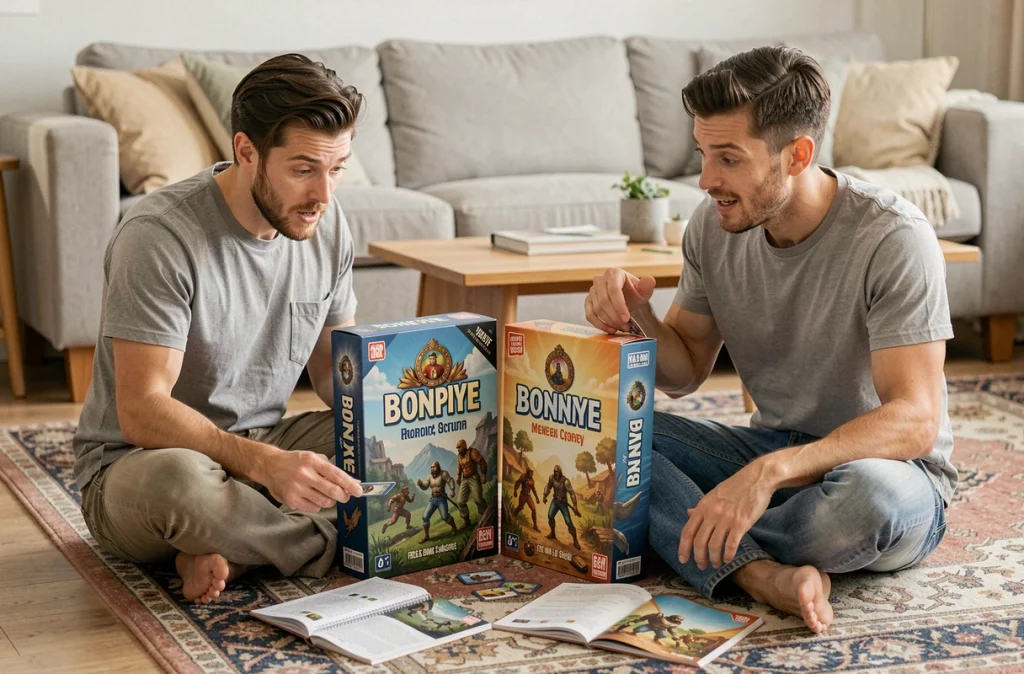 Deux amis comparant les versions longue et courte du jeu Bonne Paye avec les boîtes et règles côte à côte