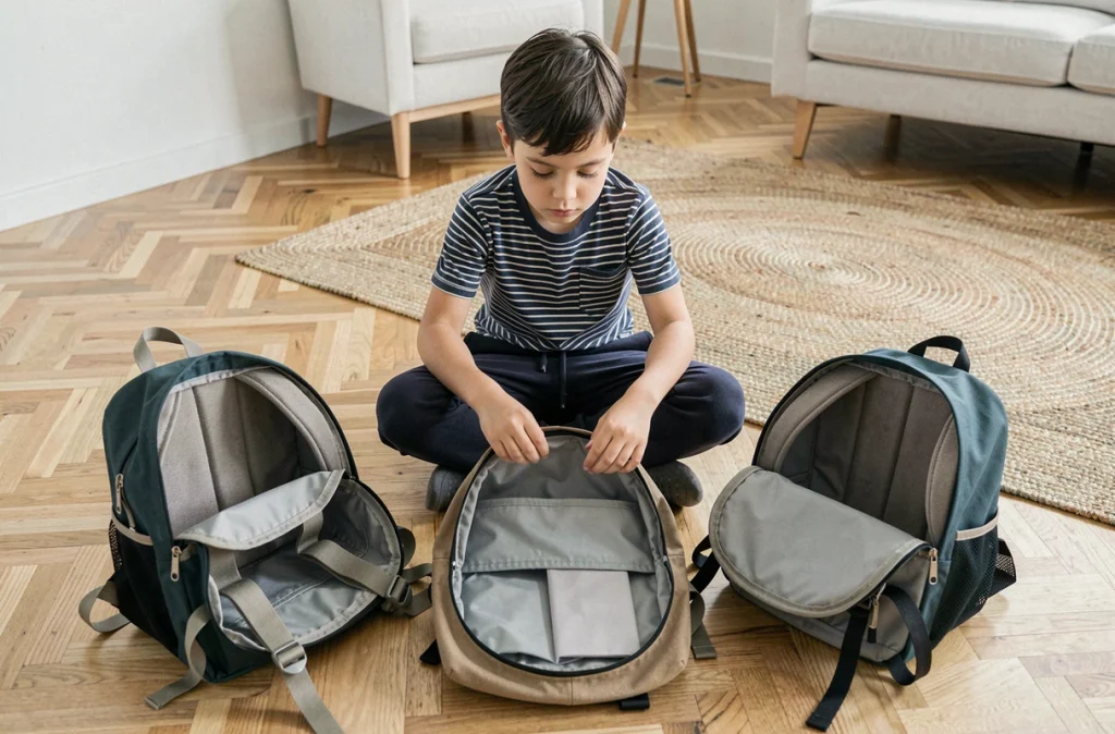 Enfant comparant plusieurs sacs à dos de maternelle sur le sol d'un salon, critères de choix ergonomie et compartiments