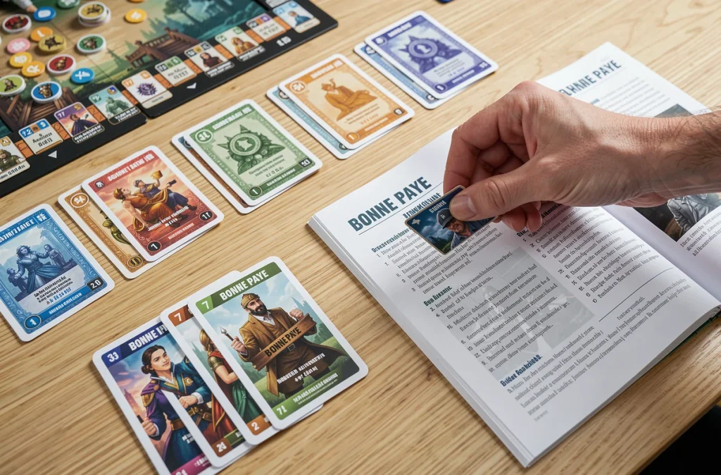 Vue aérienne des composants du jeu Bonne Paye avec billets cartes et règles étalés sur une table en bois