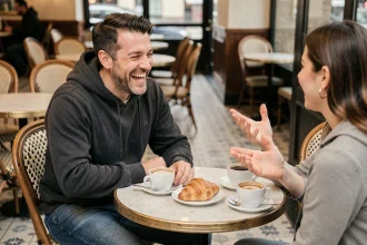 Un couple complice et souriant attablé dans un café parisien, illustrant la vie de couple de Booder loin des projecteurs