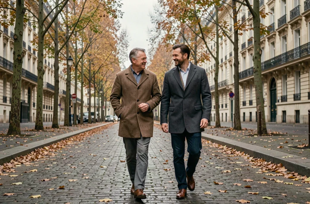 Couple élégant se promenant sur un boulevard parisien en automne, feuilles dorées au sol et façades haussmanniennes