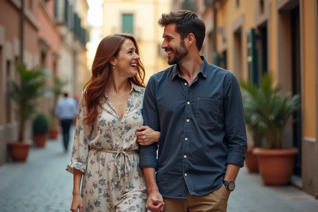 Couple se promenant sur une rue pavée européenne, évoquant la vie de couple et la sphère privée d'une personnalité médiatique