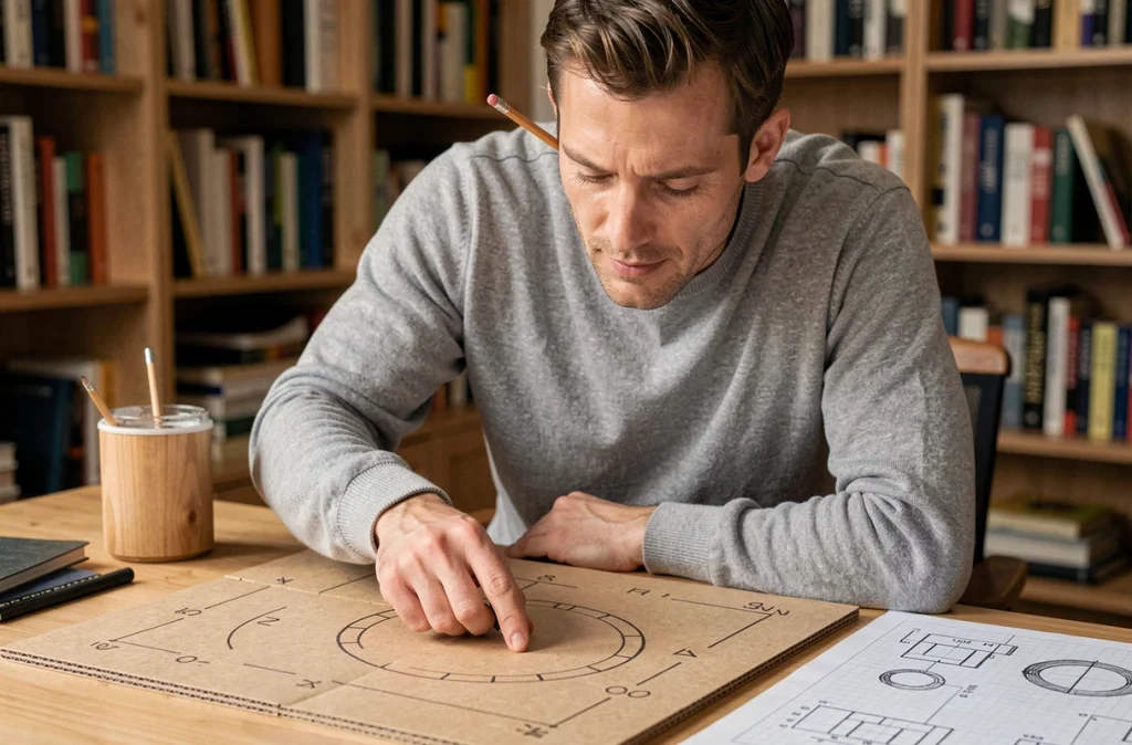 Homme comptant les cases d'un prototype de plateau de jeu style Trivial Pursuit sur un bureau à domicile