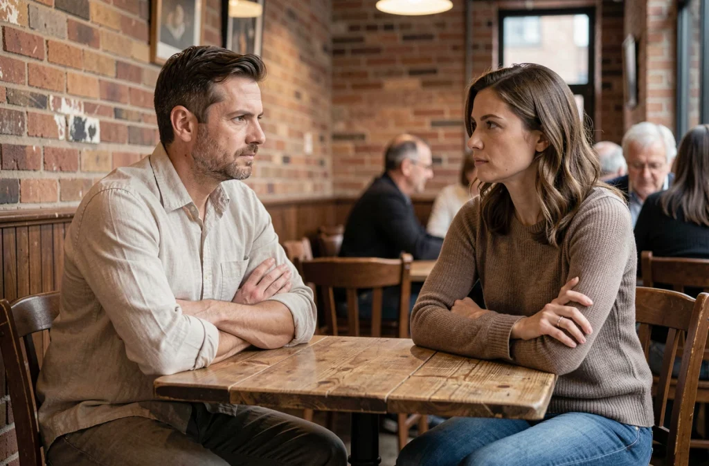 Homme et femme assis face à face dans un café avec une distance émotionnelle visible, illustrant les dynamiques relationnelles et les blessures communes