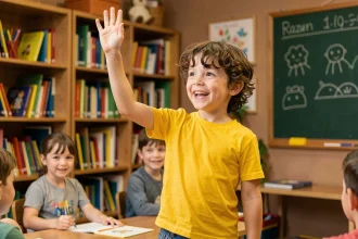 Enfant souriant qui lève la main pour répondre à une devinette en classe, exprimant sa confiance en soi