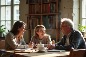 Portrait de famille réuni autour d'une table en bois dans un appartement parisien, évoquant l'héritage familial et culturel de Margot Haddad