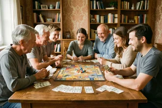 Famille jouant au jeu de société Bonne Paye autour d'une table en bois avec billets et cartes étalés