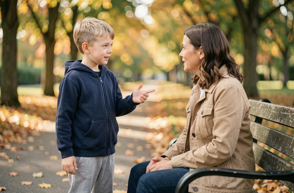 Petit garçon debout dans un parc qui raconte une devinette à sa mère, illustrant la prise de confiance en soi chez l'enfant