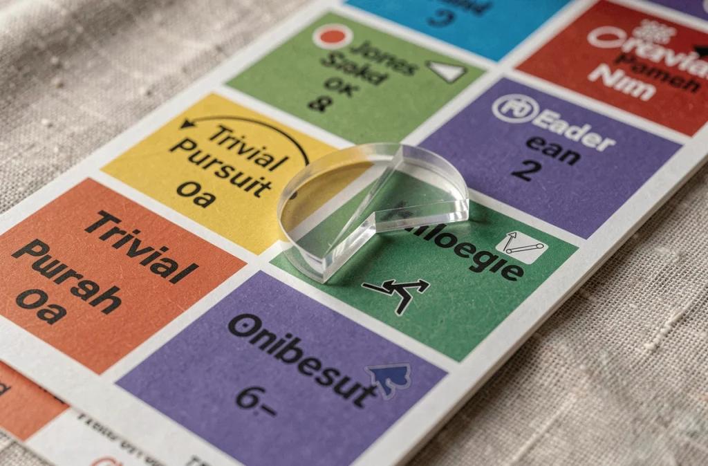 Gros plan sur les cases colorées d'un plateau Trivial Pursuit avec un pion positionné sur une case catégorie