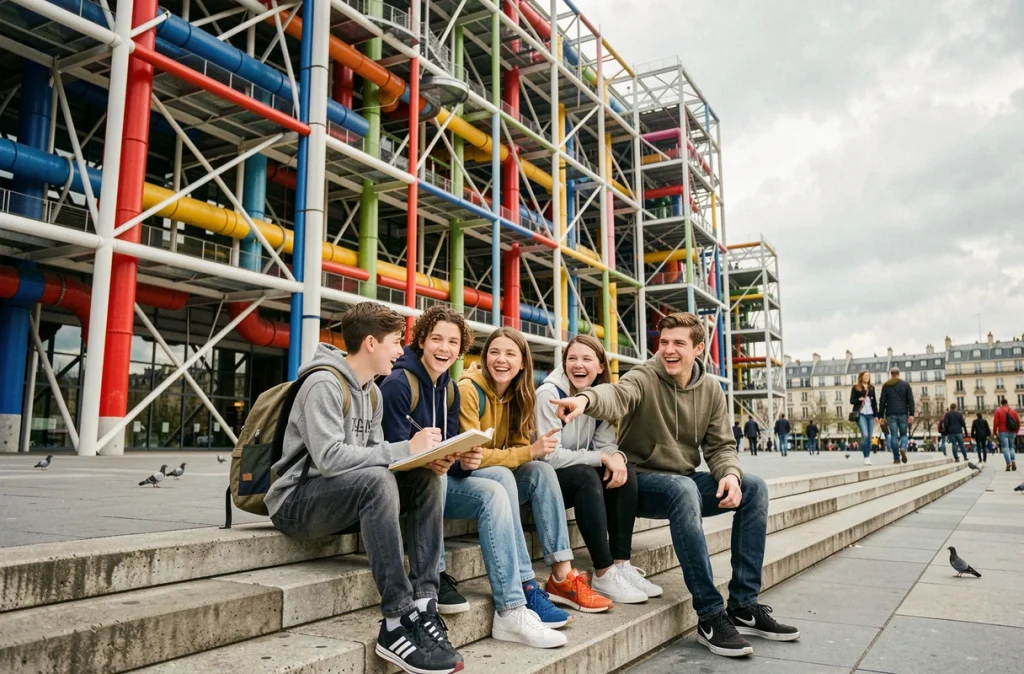 Groupe d'adolescents assis sur l'esplanade du Centre Pompidou à Paris, riant et dessinant devant la façade colorée du musée
