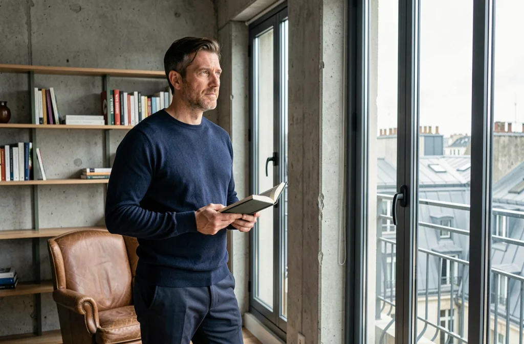 Homme élégant dans un appartement parisien moderne, tenant un livre près d'une fenêtre avec vue sur les toits
