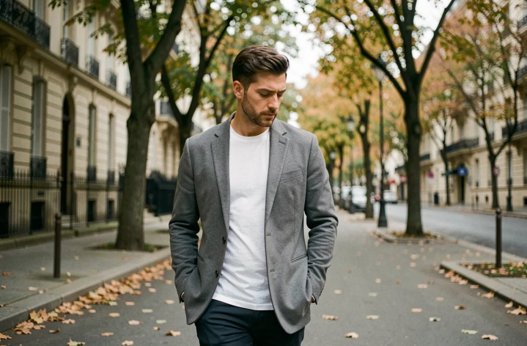 Homme marchant seul dans une rue parisienne, symbolisant la discrétion amoureuse et la protection de la vie privée