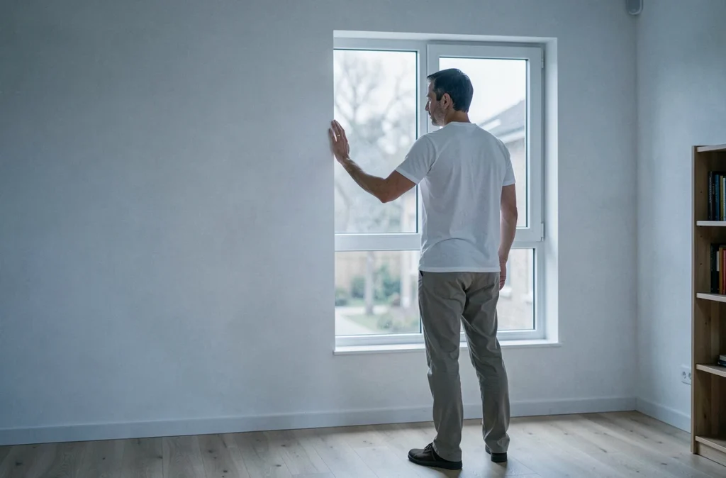 Homme de dos regardant par une fenêtre dans un appartement minimaliste, symbolisant l'isolement émotionnel et la blessure intérieure chez l'homme adulte