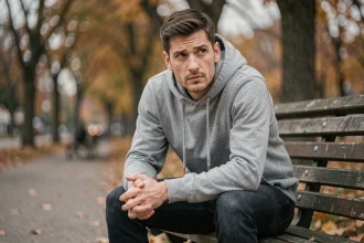 Homme adulte assis seul sur un banc de parc, regard perdu dans le vide, illustrant la vulnérabilité émotionnelle et les blessures intérieures