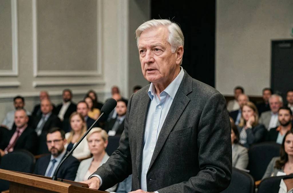 Intellectuel français senior prenant la parole à un podium lors d'une conférence formelle, son expression sérieuse reflétant des convictions personnelles et professionnelles profondes