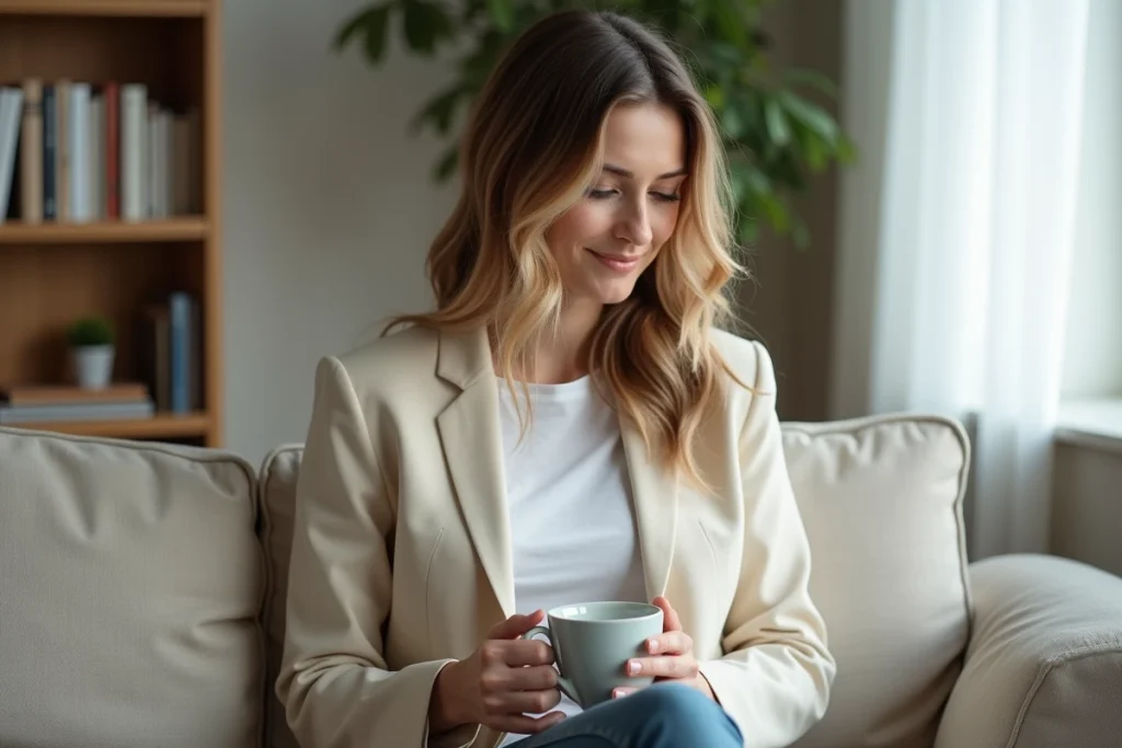 Femme dans un appartement moderne tenant une tasse de café, illustrant l'intimité et la vie personnelle d'une star médiatique