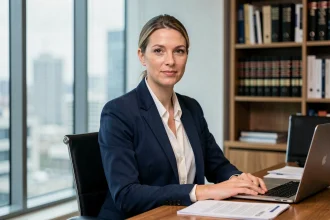 Femme journaliste professionnelle en veste marine assise à un bureau d'édition moderne, portrait éditorial réaliste