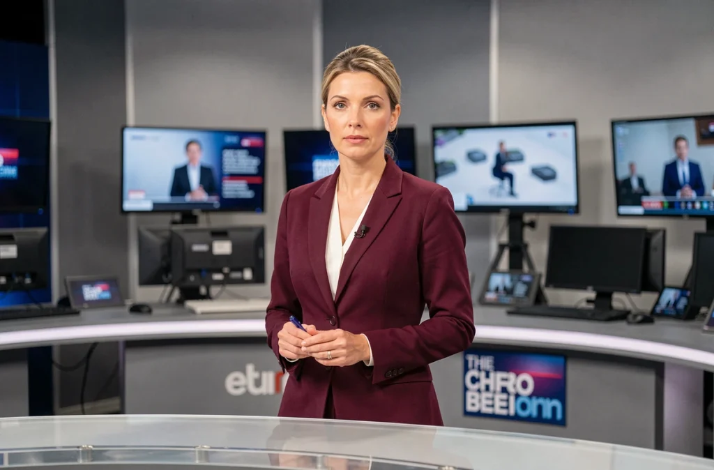Journaliste de télévision française debout dans un studio d'information, habillée en blazer bordeaux avec expression concentrée