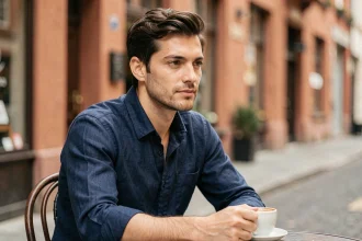 Kevin Bossuet assis en terrasse de café, regard pensif, refusant d'exposer sa vie privée en couple