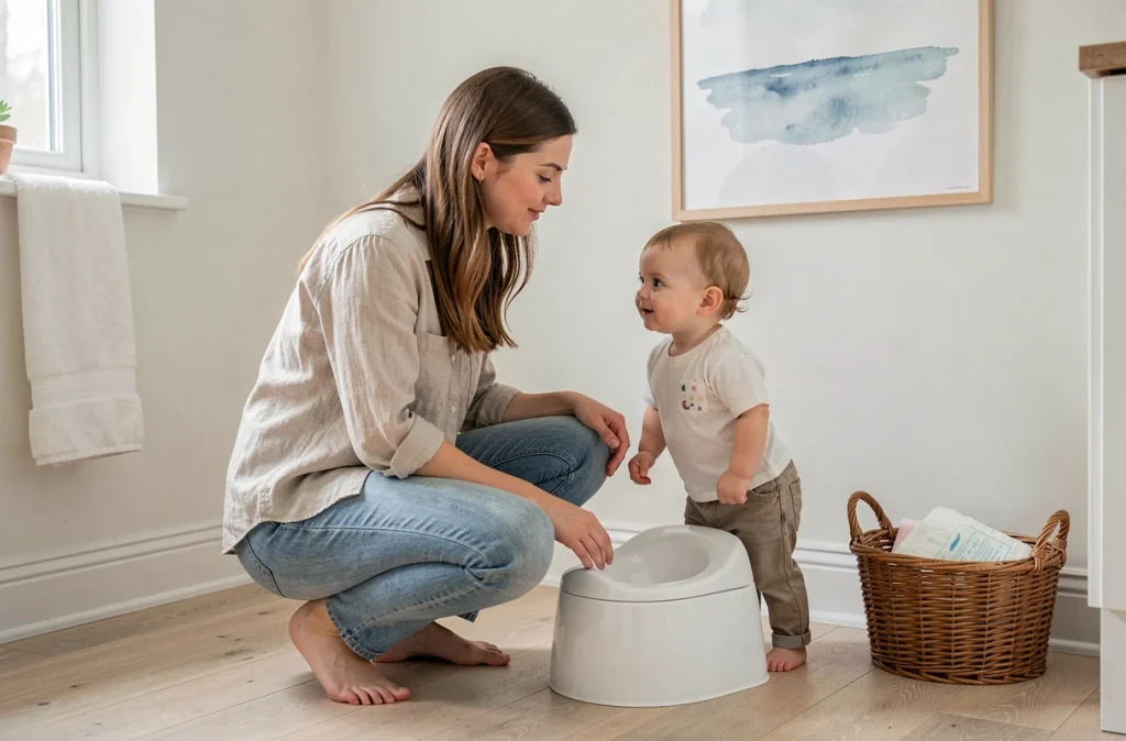 Mère accompagnant son bébé de 18 mois lors de l'apprentissage de la propreté selon la méthode Montessori à la maison