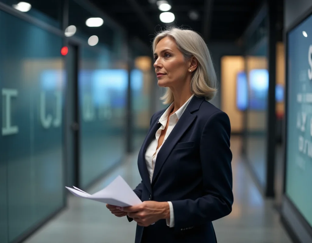 Femme professionnelle dans un couloir de studio de médias français, représentant l'influence maternelle sur la carrière journalistique de Margot Haddad