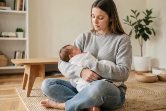 Jeune mère assise sur le sol tenant son nourrisson tout en consultant son smartphone pour des conseils parentaux en ligne