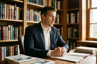 Homme intellectuel en blazer marine assis à un bureau littéraire reflétant des engagements politiques et familiaux