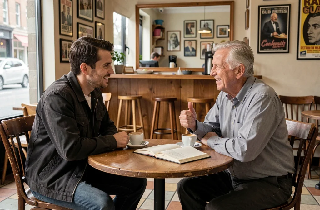 Dialogue intergénérationnel entre père et fils dans un café parisien symbolisant l'influence familiale sur les engagements publics