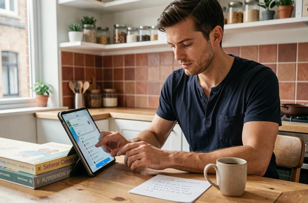 Père consultant une application de conseils parentaux sur tablette à la table de cuisine entouré de livres sur la puériculture