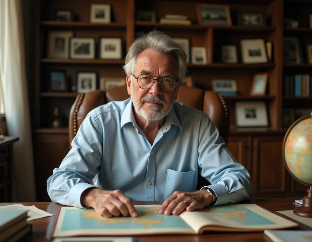 Portrait d'un père d'origine franco-algérienne dans son bureau, entouré de livres et de cartes, symbolisant l'influence intellectuelle sur le parcours de sa fille